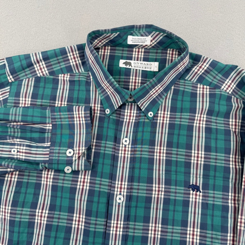 Onward Reserve Mens Tailored Fit Non-Iron Plaid Button Down Shirt Green Large L